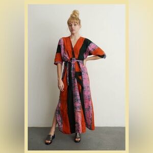 NEW Osei Duro Letsa Rayon Wrap Dress Carmine Red Black Pink Multi Color Size L